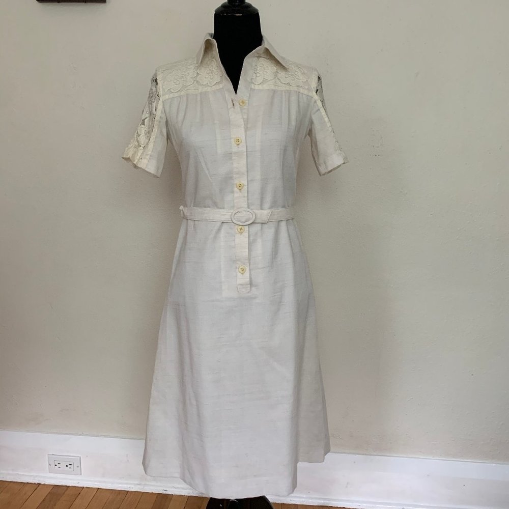 Vintage 70s linen and lace day dress sz S